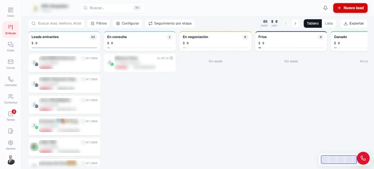 Embudo de ventas en vista de tablero con sus etapas