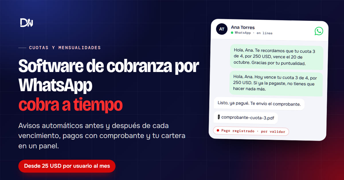 Software de cobranza por WhatsApp de SEO DW: avisos automáticos de cuotas y pagos registrados con su comprobante